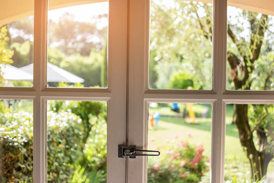Sunlit Garden Seen Through Window on Summer Day