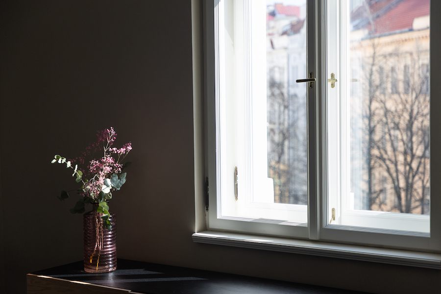 Pink Flowers in Vase near Bright Window